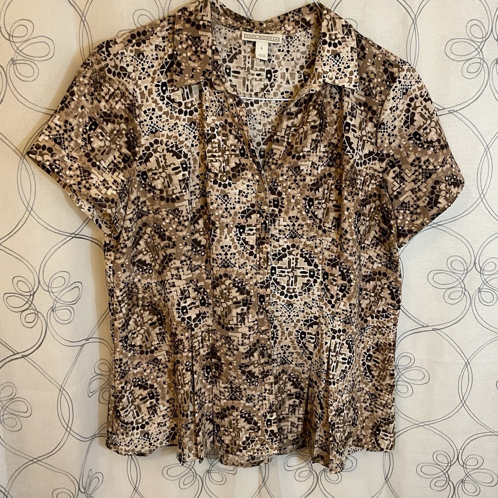 Women's DANA BUCHMAN Brown Button Up Casual Shirt Short Sleeves Size‎ Large